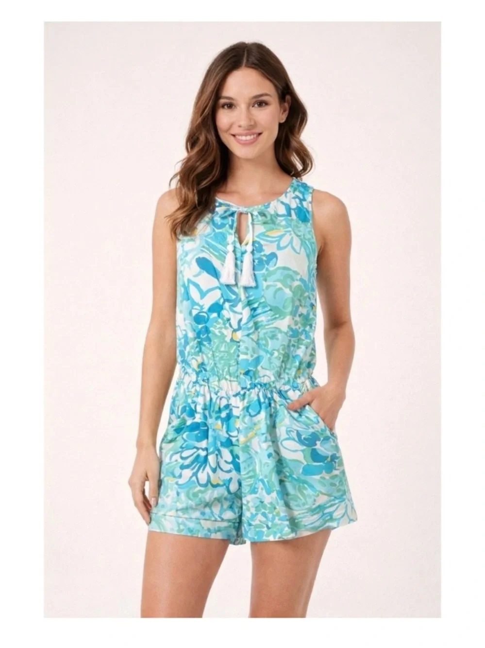 Lilly Pulitzer Shorts Romper Sleeveless Tassel Tie Romper Blue Green Print XS - Picture 1 of 7